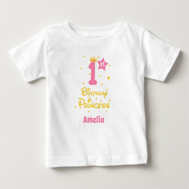 Camiseta Para Bebê primeiro aniversario Princesa Rosa Dourada Amarelo (Frente)