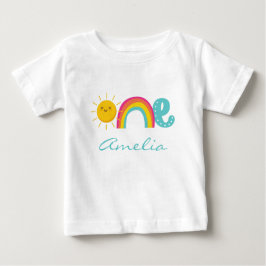 Camiseta Para Bebê primeiro aniversario Rainbow Sun White Personaliza