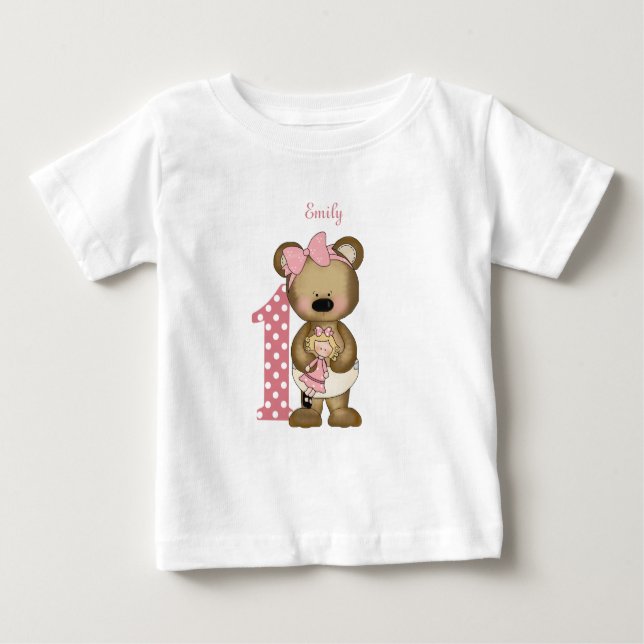 Camiseta Para Bebê Primeiro Aniversário Rapariga de Teddy com T-Shirt (Frente)