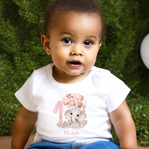 Camiseta Para Bebê Primeiro Aniversário Rapariga Gelada Elefante Rosa