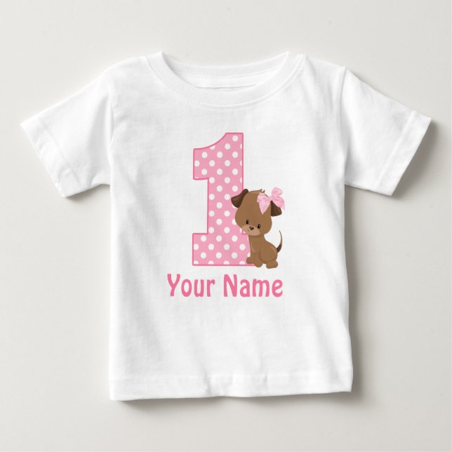 Camiseta Para Bebê primeiro aniversario Rapariga Puppy Personalizada  (Frente)
