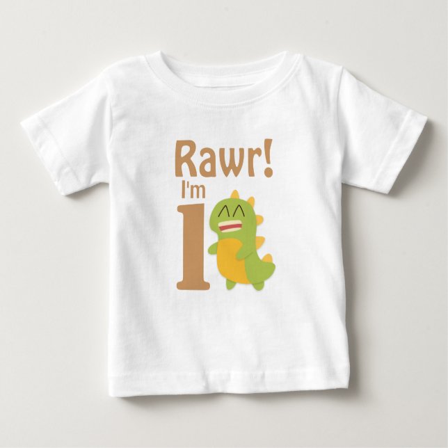 Camiseta Para Bebê Primeiro aniversário, Rawr! Sou 1, Cute Dino (Frente)