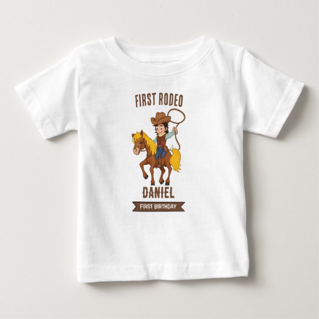Camiseta Para Bebê Primeiro aniversario Rodeo Cowboy (Frente)