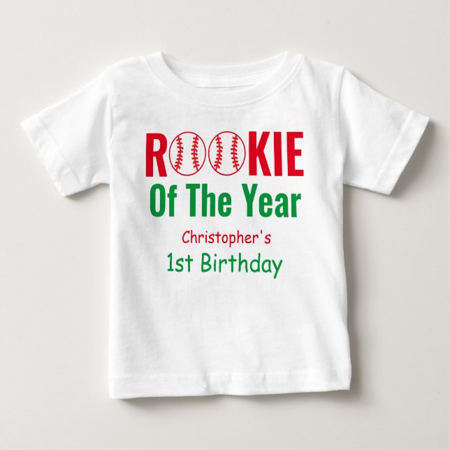 Camiseta Para Bebê Primeiro aniversario Rookie Baseball (Frente)