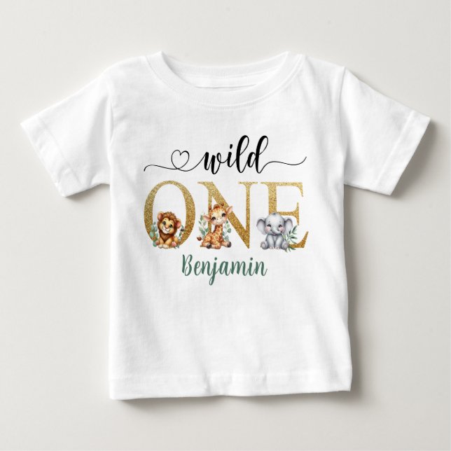 Camiseta Para Bebê Primeiro aniversario Selvagem de Animais Safari (Frente)