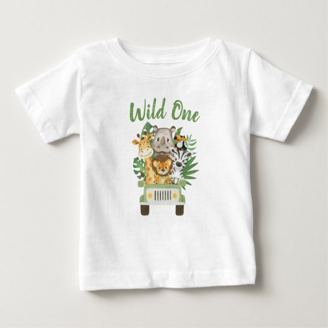 Camiseta Para Bebê primeiro aniversario Selvagem Selva Safari Animais (Frente)