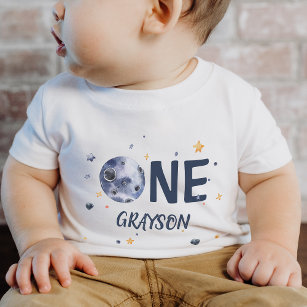 Camiseta Para Bebê Primeiro aniversario Stars Planet Boy