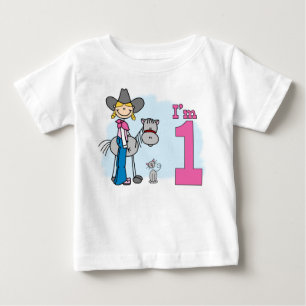 Camiseta Para Bebê Primeiro aniversario Stick Cowgirl
