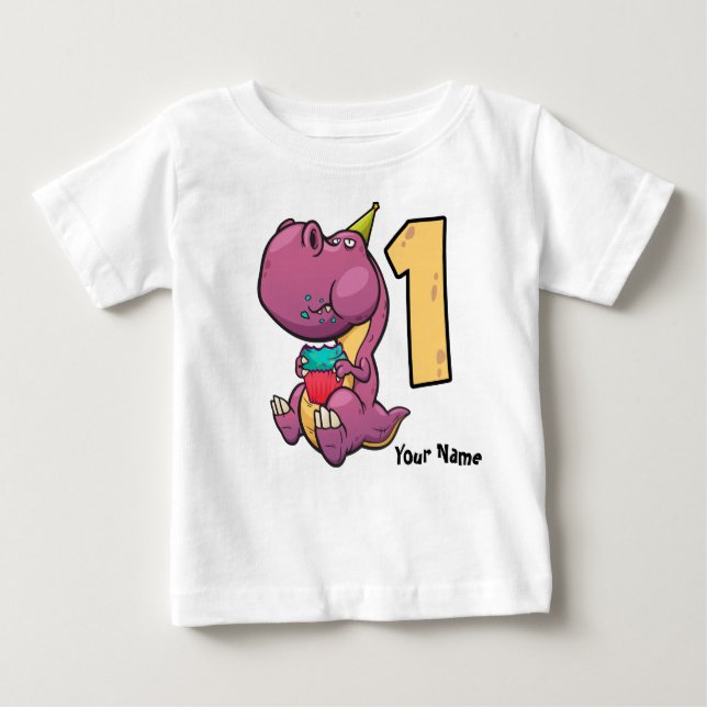 Camiseta Para Bebê Primeiro aniversario T-Rex do Dinossauro Roxo (Frente)