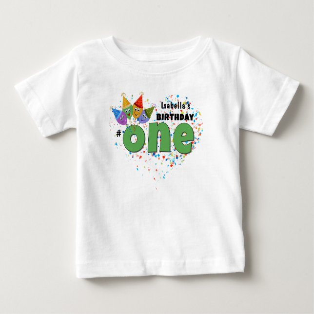 Camiseta Para Bebê primeiro aniversario T-Shirt com Chapéu de Festa e (Frente)