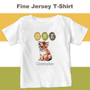 Camiseta Para Bebê Primeiro aniversario Tiger 1 com nome azul