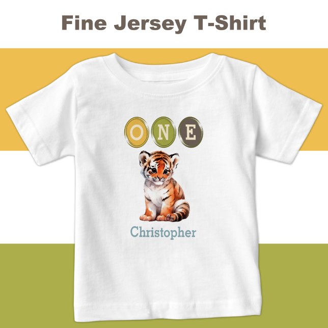 Camiseta Para Bebê Primeiro aniversario Tiger 1 com nome azul (Criador carregado)
