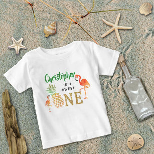 Camiseta Para Bebê Primeiro aniversario Tropical Summer Beach Luau Bo