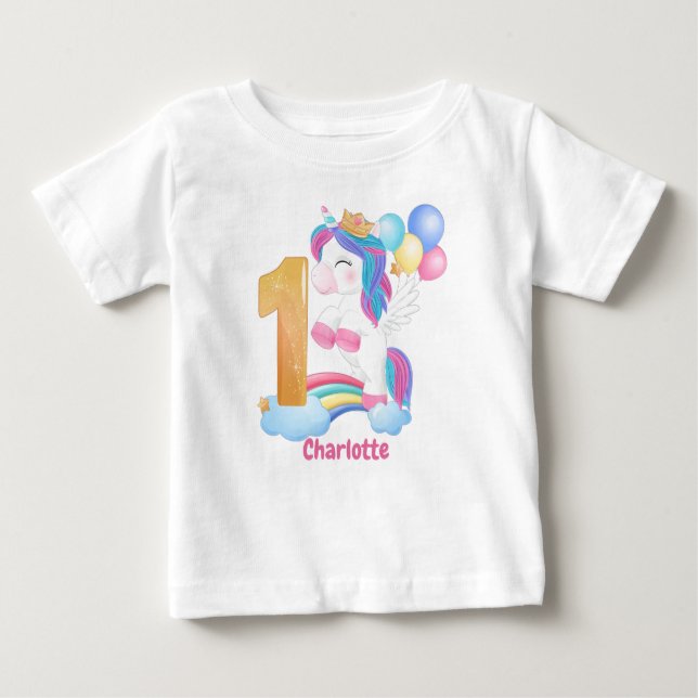Camiseta Para Bebê primeiro aniversario Unicorn Rainbow (Frente)