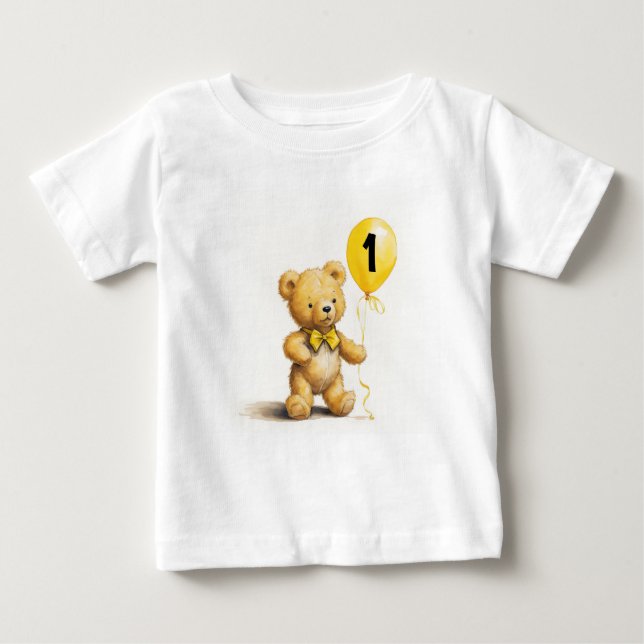 Camiseta Para Bebê primeiro aniversario, Urso Bonito com Balão, Perso (Frente)