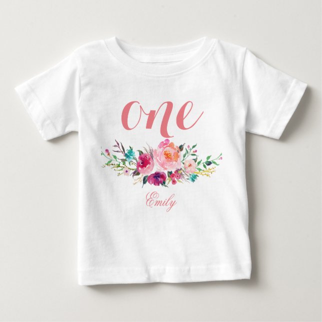 Camiseta Para Bebê primeiro aniversario Watercolor Floral Personaliza (Frente)