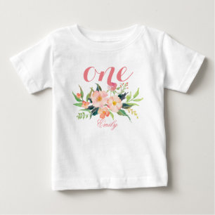Camiseta Para Bebê primeiro aniversario Watercolor Floral Personaliza
