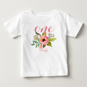 Camiseta Para Bebê primeiro aniversario Watercolor Floral Personaliza