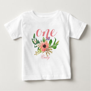 Camiseta Para Bebê primeiro aniversario Watercolor Floral Personaliza