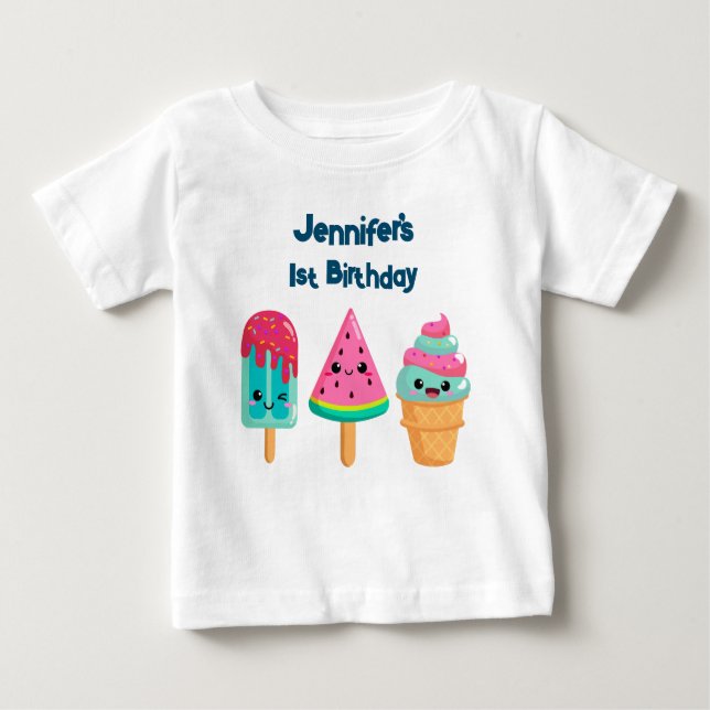 Camiseta Para Bebê Primeiro aniversario Yummy Trio Summer Vibe (Frente)