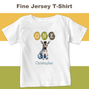 Camiseta Para Bebê Primeiro aniversario Zebra com nome azul