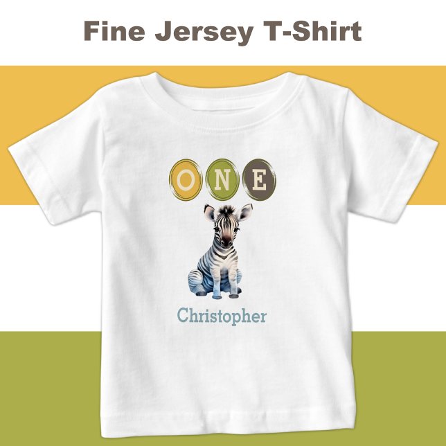 Camiseta Para Bebê Primeiro aniversario Zebra com nome azul (Criador carregado)
