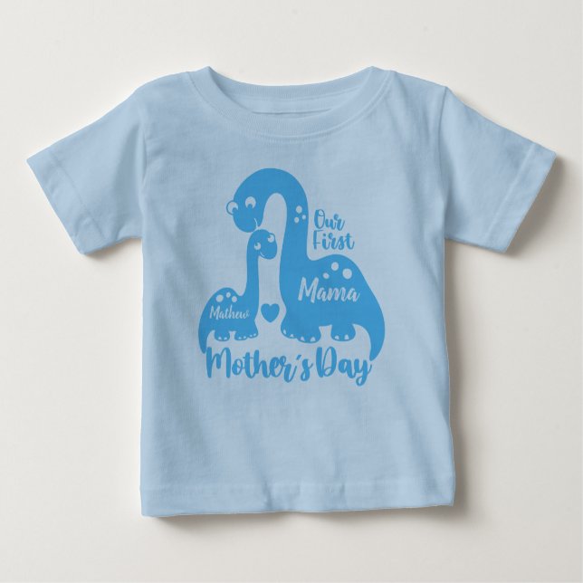 Camiseta Para Bebê Primeiro Dia de as mães, Bebê Dinossauro e Mama (Frente)