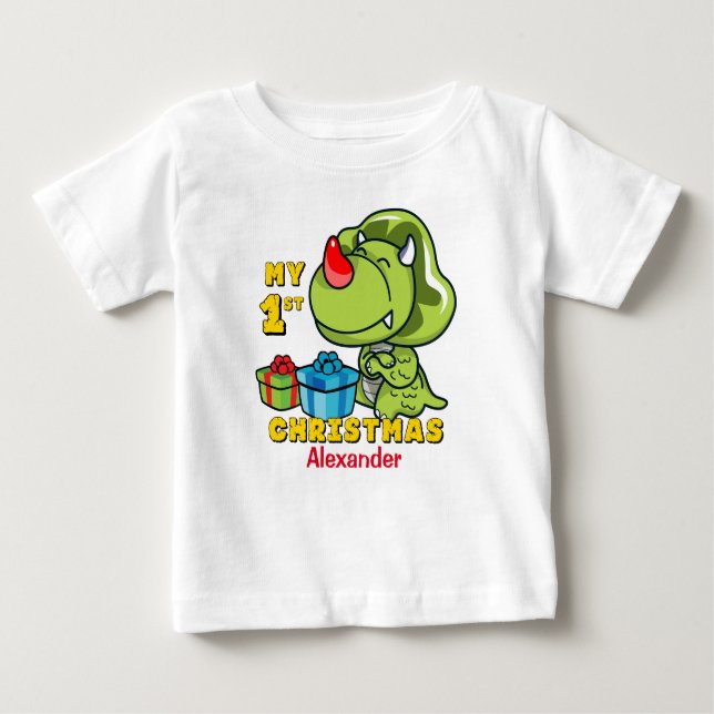 Camiseta Para Bebê Primeiro Dinossauro de Natal Personalizado (Frente)