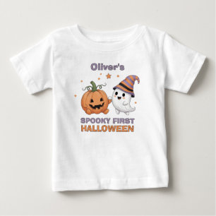 Camiseta Para Bebê "Primeiro Halloween Assustador" Fantasma e Abóbora
