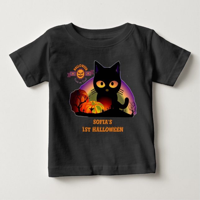 Camiseta Para Bebê Primeiro Halloween Black Cat Todler (Frente)