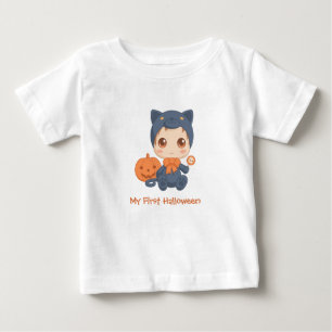 Camiseta Para Bebê Primeiro Halloween Figurume De Gato Preto