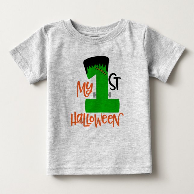 Camiseta Para Bebê Primeiro Halloween Frankenstein Design (Frente)