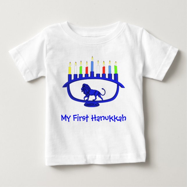 Camiseta Para Bebê Primeiro Hanukkah Lion Menorah (Frente)