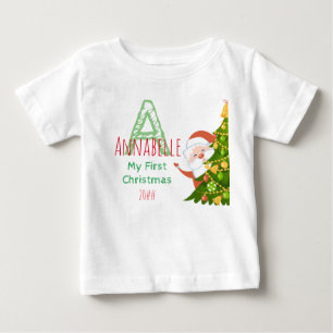 Camiseta Para Bebê Primeiro Monograma Verde Vermelho Editável de Nat