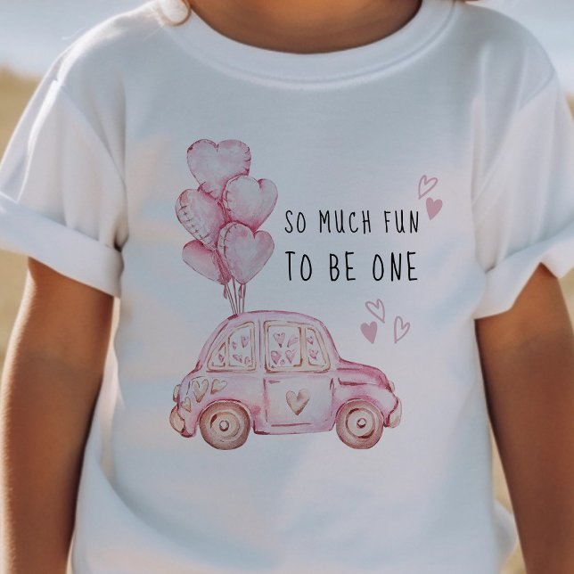 Camiseta Para Bebê Primeiro Namorados de Aniversário Balões Rosa e Ca (Girls First Birthday T-shirt - from my Car and Balloons Valentine Birthday Collection)