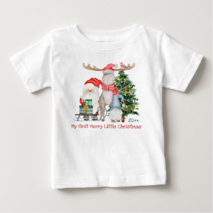 Camiseta Para Bebê Primeiro Natal Alegre Pequeno Santi e Auxiliar