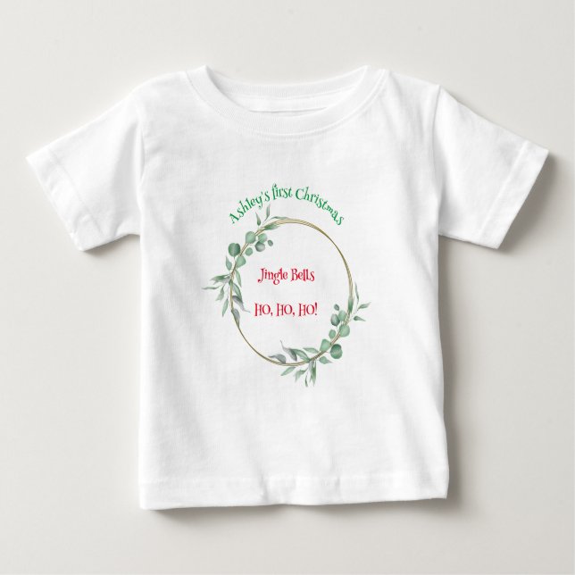 Camiseta Para Bebê Primeiro Natal, Bebê Top. Texto personalizável. (Frente)