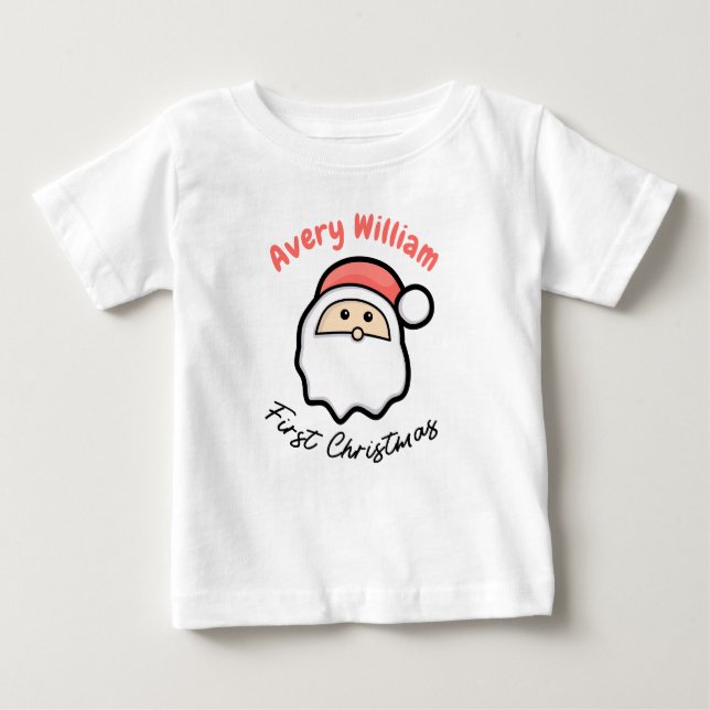 Camiseta Para Bebê Primeiro Natal Com Papais noeis Cor-de-Rosa (Frente)