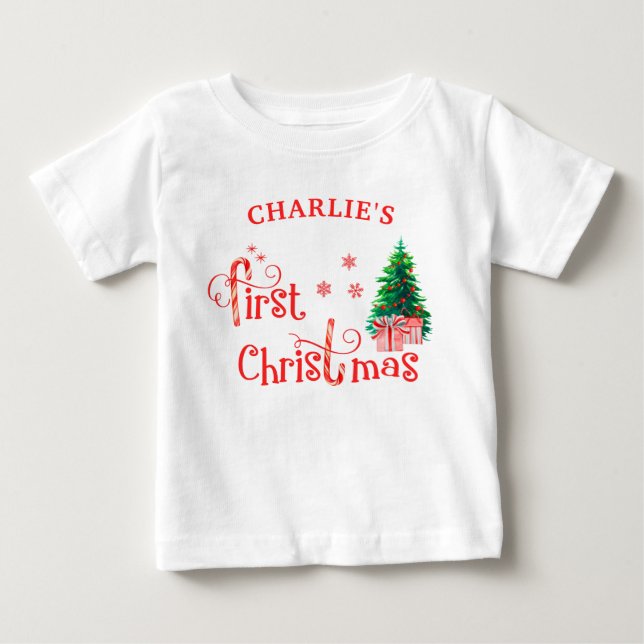 Camiseta Para Bebê Primeiro Natal da Bebê e Cana-de-Açúcar Vermelha (Frente)