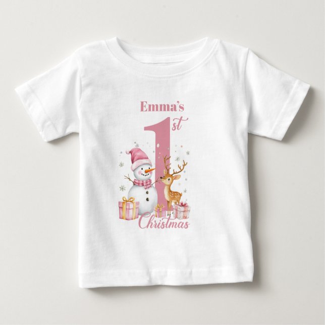 Camiseta Para Bebê Primeiro Natal da Bebê Menina Personalizado (Frente)