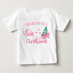 Camiseta Para Bebê Primeiro Natal da Bebê Rosa com Boneco de Neve e F