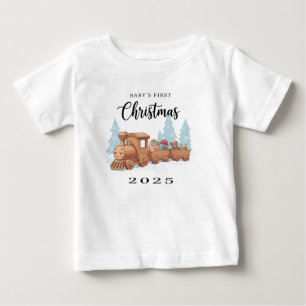 Camiseta Para Bebê Primeiro Natal do Bebê 2025 Brinquedo de Madeira