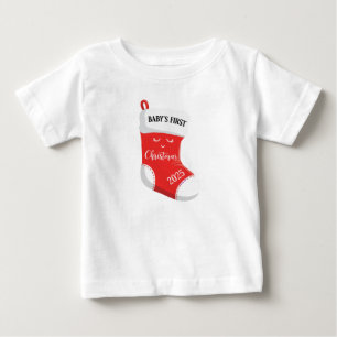Camiseta Para Bebê Primeiro Natal do Bebê 2025 Rosto Kawaii Fofo