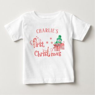 Camiseta Para Bebê Primeiro Natal do Bebê - Boneco de Neve e Flocos d