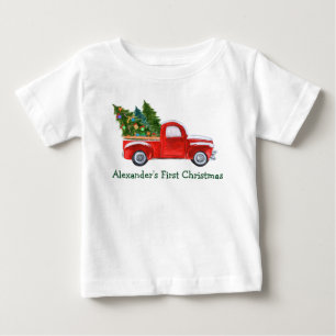 Camiseta Para Bebê Primeiro Natal do Bebê Caminhão Vermelho Nome Verd