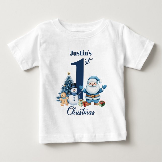 Camiseta Para Bebê Primeiro Natal do Bebê Menino Personalizado Papai  (Frente)