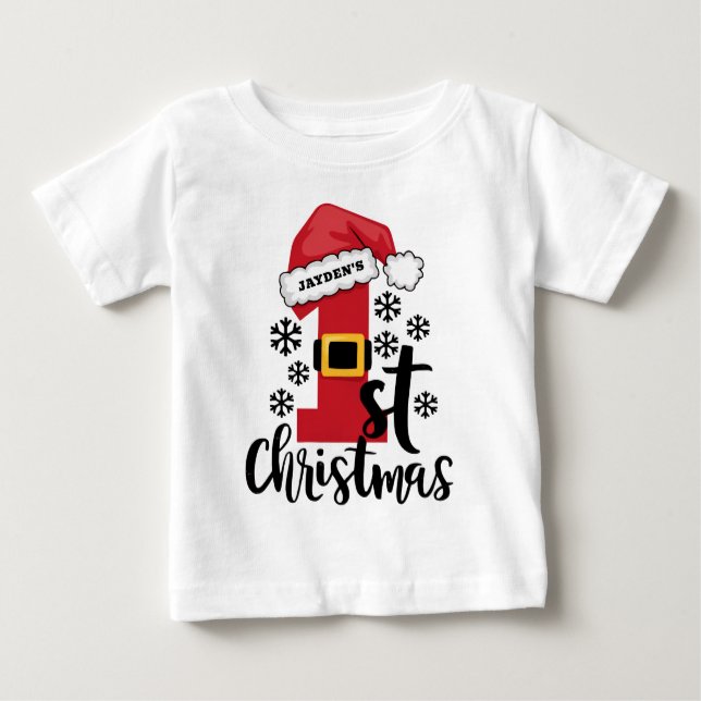 Camiseta Para Bebê Primeiro Natal do Bebê Personalizado Nome Chapéu d (Frente)