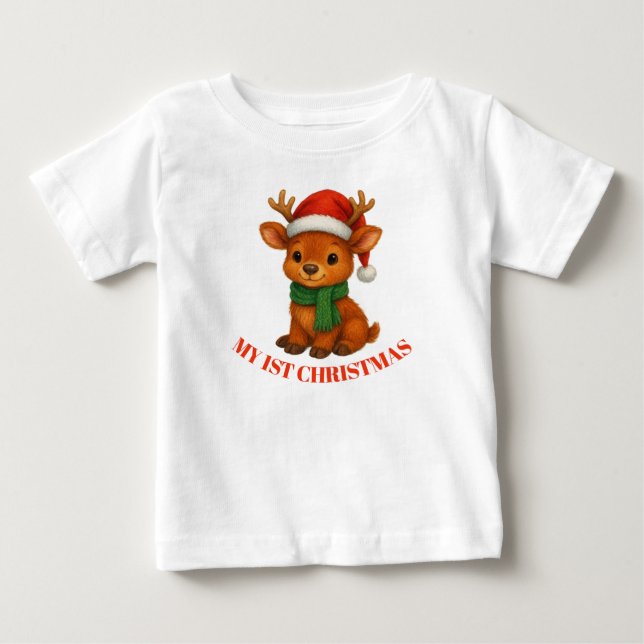 Camiseta Para Bebê Primeiro Natal do Bebê Rena (Frente)