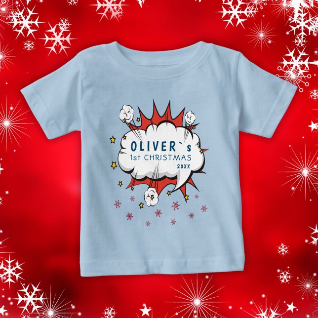 Camiseta Para Bebê Primeiro Natal do Bebê Super Herói Flocos de Neve (Criador carregado)