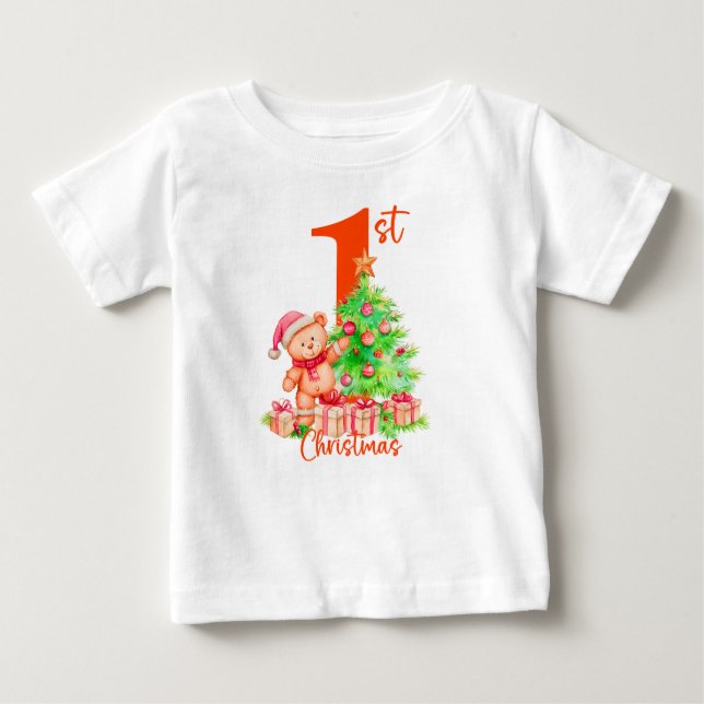 Camiseta Para Bebê Primeiro Natal do Bebê, Urso Fofo e Design de Árvo (Frente)